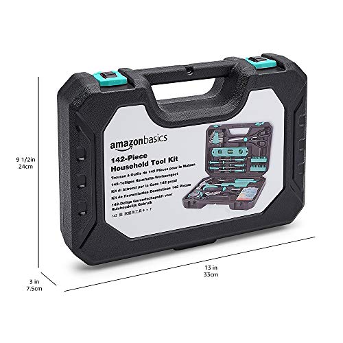 Amazon Basics Household Tool Kit With Storage Case, 142 Piece, Turquoise, 13.39 x 9.25 x 2.95 inch