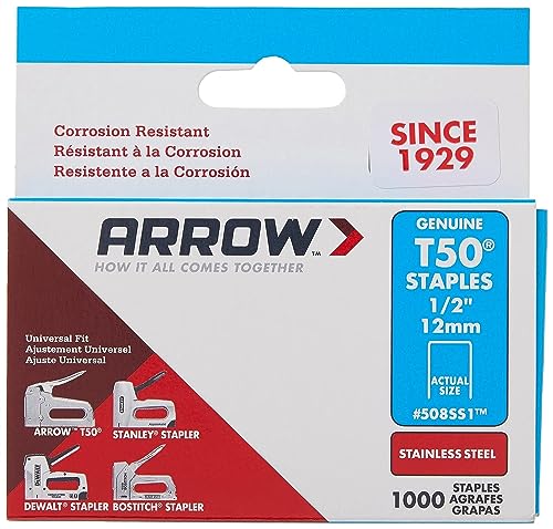 Arrow Fastener 508SS1 Heavy Duty T50 1/2-Inch Stainless Steel Staples for Upholstery, Construction, Furniture, Crafts, 1000-Pack