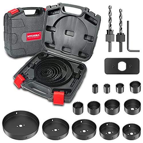 Hole Saw Set HYCHIKA 19 Pcs Hole Saw Kit with 13Pcs Saw Blades, 2 Mandrels, 2 Drill Bits, 1 Installation Plate, 1 Hex Key, Max Size 6 and Min Size 3/4, Ideal for Soft Wood, Plywood, Drywall, PVC