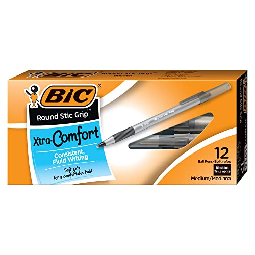 BIC Round Stic Grip Xtra Comfort Ballpoint Pen, Medium Point (1.2mm), Black, 12-Count