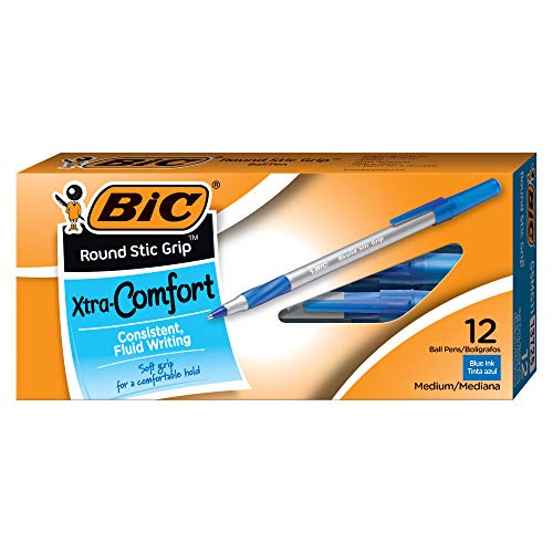 BIC Round Stic Grip Xtra Comfort Ballpoint Pen, Medium Point (1.2mm), Blue, 12-Count