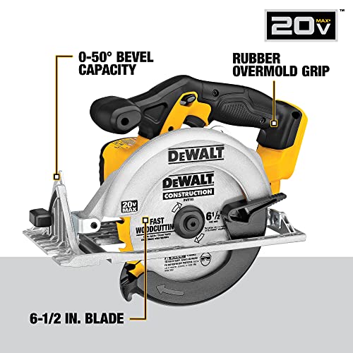 DEWALT 20V MAX Circular Saw, 6-1/2-Inch Blade, 460 MWO Engine, 0-50 Degree Bevel Capability, Bare Tool Only (DCS391B)