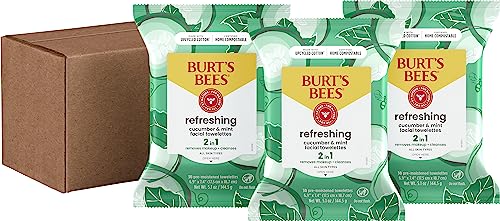 Burts Bees Face Wipes, Makeup Remover Facial Cleansing Towelettes for Sensitive Skin, Hydrating with Cucumber and Mint, 30 Count (Pack of 3) - Packaging May Vary