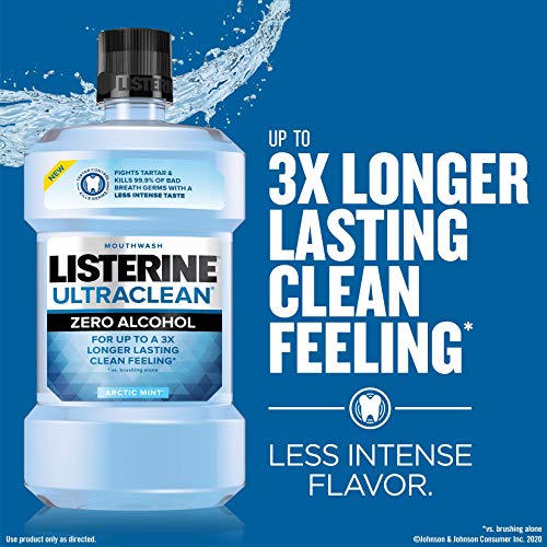 Listerine Ultraclean Zero Alcohol Tartar Control Mouthwash, Oral Rinse to Help Fight Bad Breath and Tartar, for Cleaner, Naturally White Teeth, Less Intense Arctic Mint Taste, 1 L