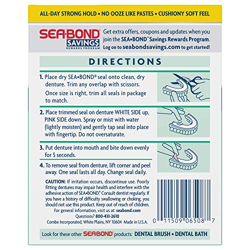 Sea Bond Secure Denture Adhesive Seals, Fresh Mint Lowers, Zinc-Free, All-Day-Hold, Mess-Free, 30 Count (Pack of 1)