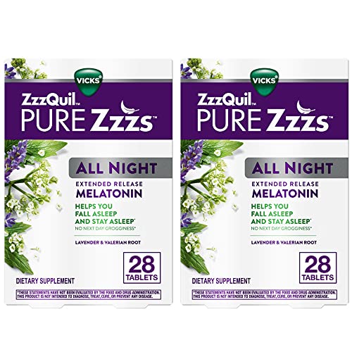 ZzzQuil PURE Zzzs All Night Extended Release, Melatonin Sleep Aid Tablets, Helps You Stay Asleep Longer, for Adults, 2 mg per tablet, 28 Count (Pack of 2)