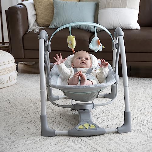 Ingenuity Swing n Go 5-Speed Baby Swing - Foldable, Portable, 2 Plush Toys & Sounds, 0-9 Months 6-20 lbs (Hugs & Hoots)