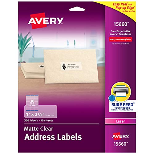 Avery Clear Easy Peel Address Labels for Laser Printers 1 x 2-5/8, Pack of 300 (15660)