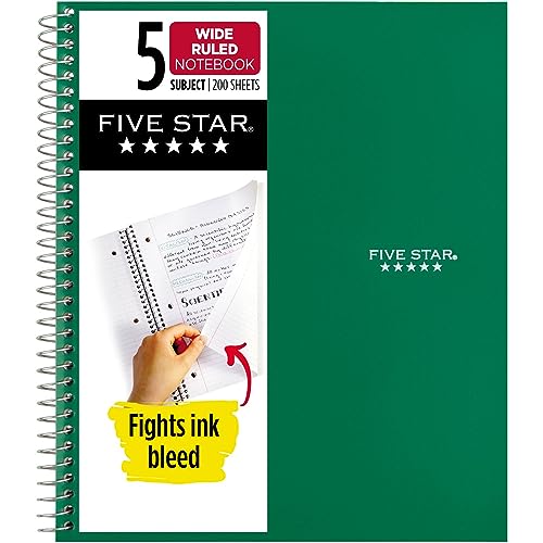 Five Star Spiral Notebook, 5 Subject, Wide Ruled Paper, Fights Ink Bleed, Water Resistant Cover, 8" x 10-1/2", 200 Sheets, Black (72045)