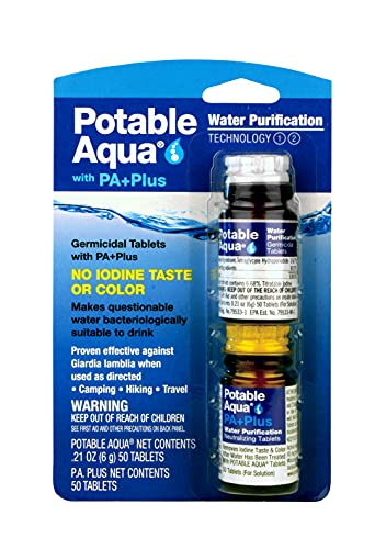 Potable Aqua Water Purification Tablets with PA Plus, Portable and Effective Water Purification Solution for Camping, Hiking, Emergencies, Natural Disasters and International Travel, Two 50ct Bottles