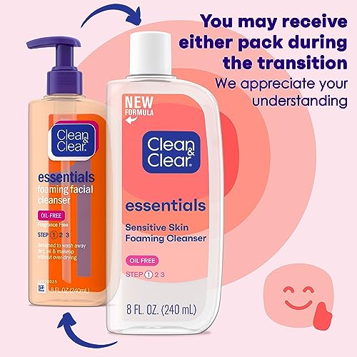 Clean & Clear Essentials Foaming Facial Cleanser, Oil-Free Daily Face Wash with Glycerin to Remove Acne Breakout-Causing Dirt, Oil & Makeup Without Over-Drying, 8 Fl Oz (Packaging may vary)