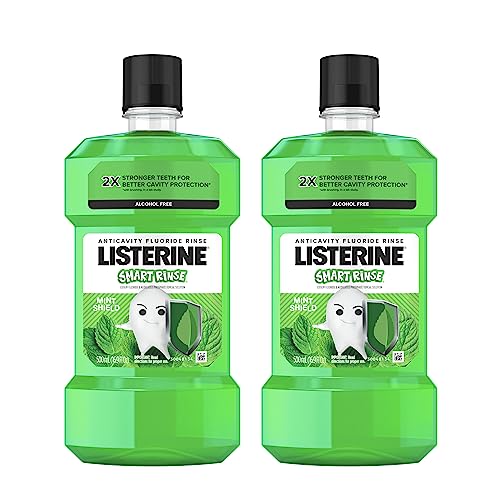 Listerine Smart Rinse Kids Alcohol-Free Anticavity Sodium Fluoride Mouthwash, ADA Accepted Oral Rinse for Dental Cavity Protection, Mint Shield Flavor, Convenience Pack, 2 x 500 mL