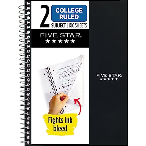 Five Star Small Spiral Notebook, 2 Subject, College Ruled Paper, 9-1/2" x 6", 100 Sheets, Gray (840004AA3)