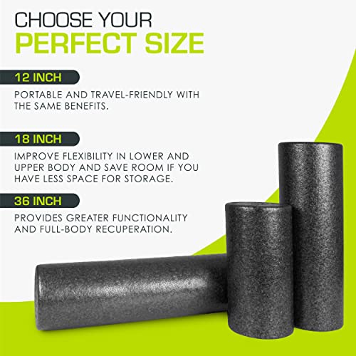 ProsourceFit High Density Foam Rollers 18 - inches long, Firm Full Body Athletic Massage Tool for Back Stretching, Yoga, Pilates, Post Workout Muscle Recuperation, Black