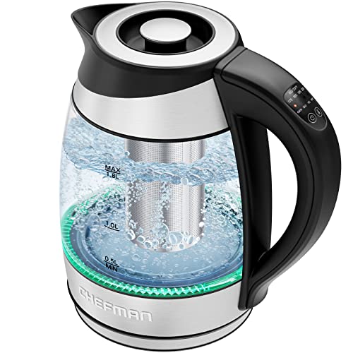 Chefman Electric Glass Kettle, Fast Boiling W/ LED Lights, Auto Shutoff & Boil Dry Protection, Cordless Pouring, BPA Free, Removable Tea Infuser, 1.8 Liters, Stainless Steel
