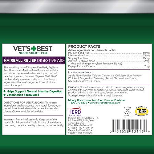 Vet’s Best Cat Hairball Relief Digestive Aid – Vet Formulated Hairball Support Remedy – Classic Chicken Flavor – 180 Chewable Tablets