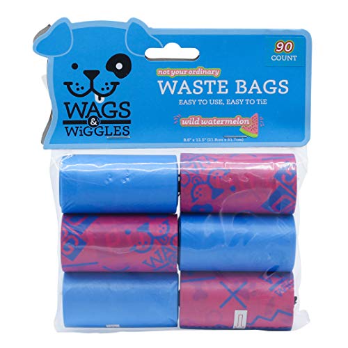 Wags & Wiggles Large Scented Dog Waste Bags | Watermelon Scented Dog Poop Bags | Waste Bags for All Dogs, Great for Everyday Use and Dog Walking | 6 Rolls of Doggie Bags, 90 Count