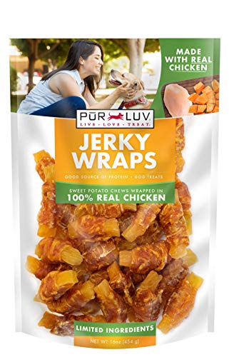 Pur Luv Chicken and Sweet Potato Jerky Wraps Rawhide Free Dog Treats, Healthy, Easily Digestible, Long Lasting, and High Protein Dog Treat, 16 oz, Brown