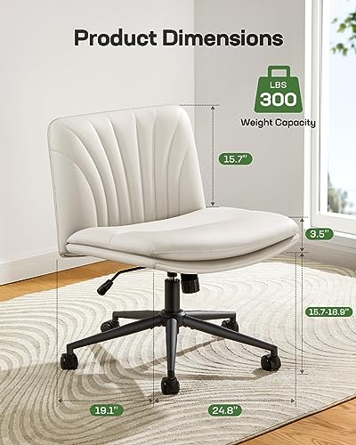 Marsail Armless-Office Desk Chair with Wheels PU Leather Cross Legged Wide Chair,Comfortable Adjustable Swivel Computer Task Chairs for Home,Office,Make Up,Small Space,Bed Room(Light Beige)