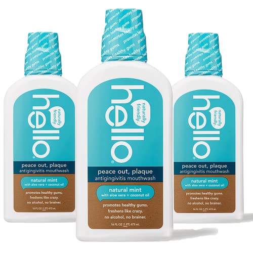 Hello Peace Out Plaque, Antigingivitis Alcohol Free Mouthwash, Natural Mint with Aloe Vera and Coconut Oil, Fluoride Free, Vegan, SLS Free and Gluten Free, 16 Ounce (Pack of 3)
