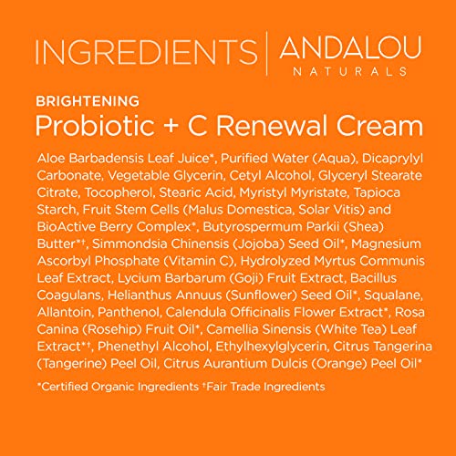 Andalou Naturals Probiotic + C Renewal Cream, Ivory, Probiotic Plus C, Brightening Face Moisturizer, Helps Promote Firmer Skin & More Even Skin Tone, Lightweight Hydrating Facial Moisturizer, 1.7 Oz