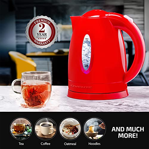 OVENTE Electric Kettle Hot Water Heater 1.7 Liter - BPA Free Fast Boiling Cordless Water Warmer - Auto Shut Off Instant Water Boiler for Coffee & Tea Pot - Red KP72R