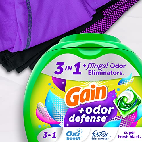 Gain flings Laundry Detergent Pacs with Odor Defense HE Compatible 76 Ct 3in1 Detergent Pacs with Febreze and Oxi Super Fresh Blast Scent