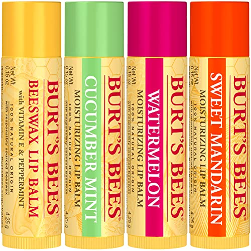 Burt's Bees Lip Balm, Moisturizing Lip Care, 100% Natural, Sweet Sorbet - Original Beeswax, Cucumber Mint, Coconut & Pear, Vanilla (4 Pack)