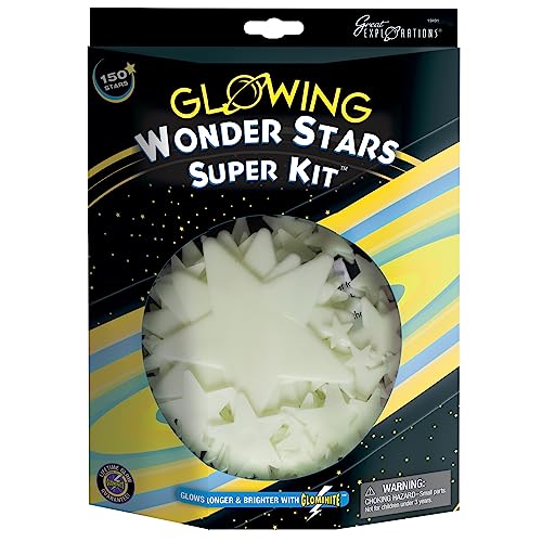 Great Explorations | Wonder Stars Super Kit Glow In The Dark Ceiling Stars 150Piece In 4 Sizes Reusable Adhesive Putty & Constellation Star Map Lifetime Glow Guarantee Green