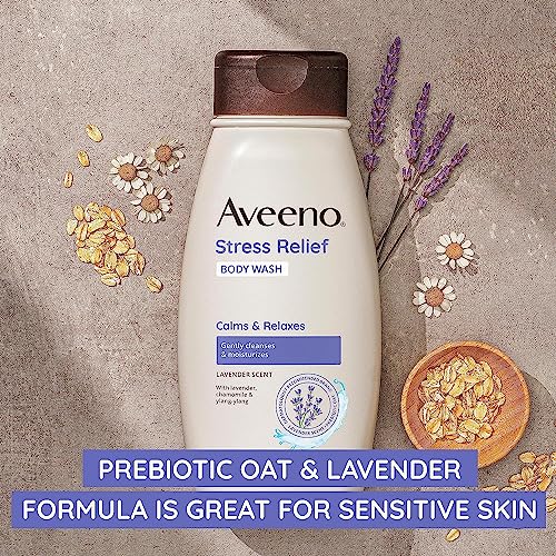 Aveeno Stress Relief Body Wash with Soothing Oat & Lavender Scent for Sensitive Skin, Moisturizing Shower Wash Gently Cleanses & Helps You Feel Calm & Relaxed, Sulfate-Free, 18 fl. oz