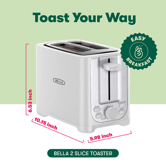 BELLA 2 Slice Toaster with Auto Shut Off - Extra Wide Slots & Removable Crumb Tray and Cancel, Defrost & Reheat Function - Toast Bread, Bagel & Waffle, White