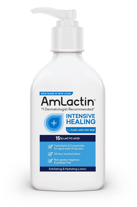 AmLactin Intensive Healing Body Lotion for Dry Skin – 14.1 oz Pump Bottle – 2-in-1 Exfoliator & Moisturizer with Ceramides & 15% Lactic Acid for Relief from Dry Skin (Packaging May Vary)