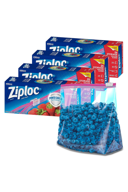 Ziploc Gallon Food Storage Slider Bags, Power Shield Technology for More Durability, 26 Count (Pack of 4)