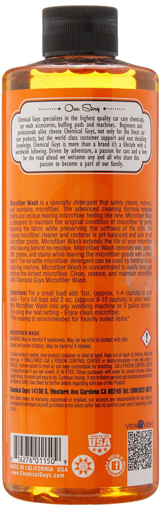 Chemical Guys CWS_201_16 Microfiber Cleaning Cloth & Car Wash Towel Concentrated Cleaning Detergent, 16 fl oz, Orange Scent