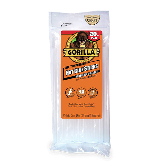 Gorilla Hot Glue Sticks, Full Size, 8 Long x .43 Diameter, 20 Count, Clear, (Pack of 1)